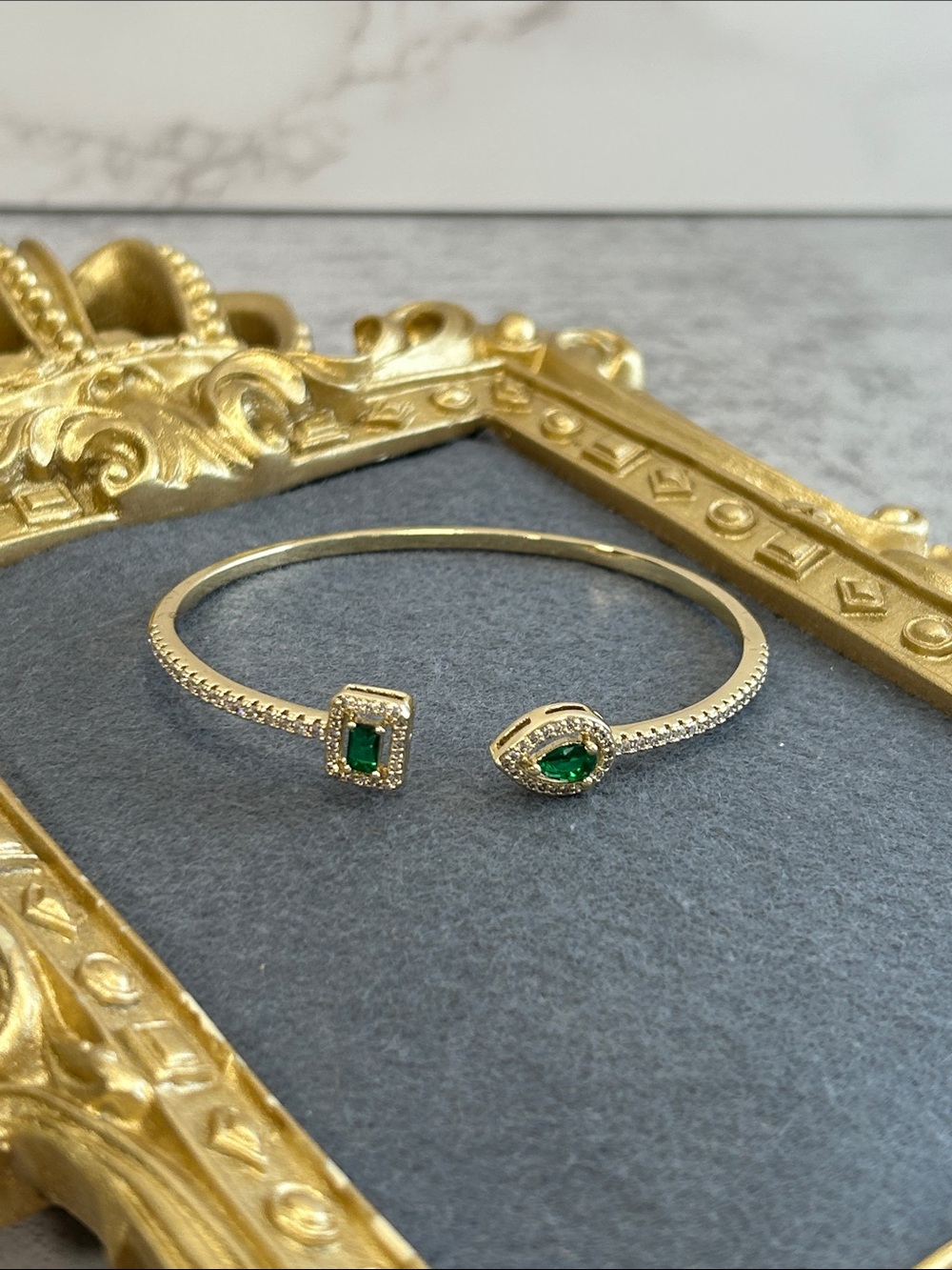 Emerald CZ Open Cuff Bracelet - Gold Tone